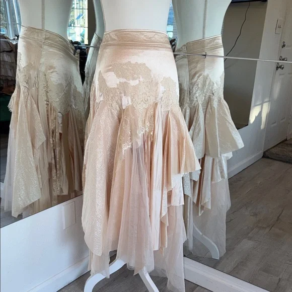 Free People Champagne Lace-Trim Asymmetrical Satin Dress - Picture 8 of 15